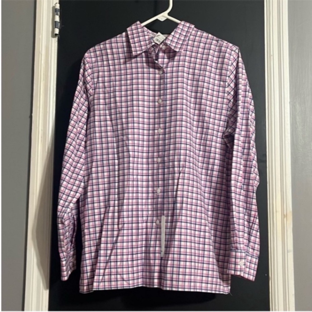 Foxcroft Wrinkle-Free Twill Tattersal Top Plaid Preppy Office Work Size: 8